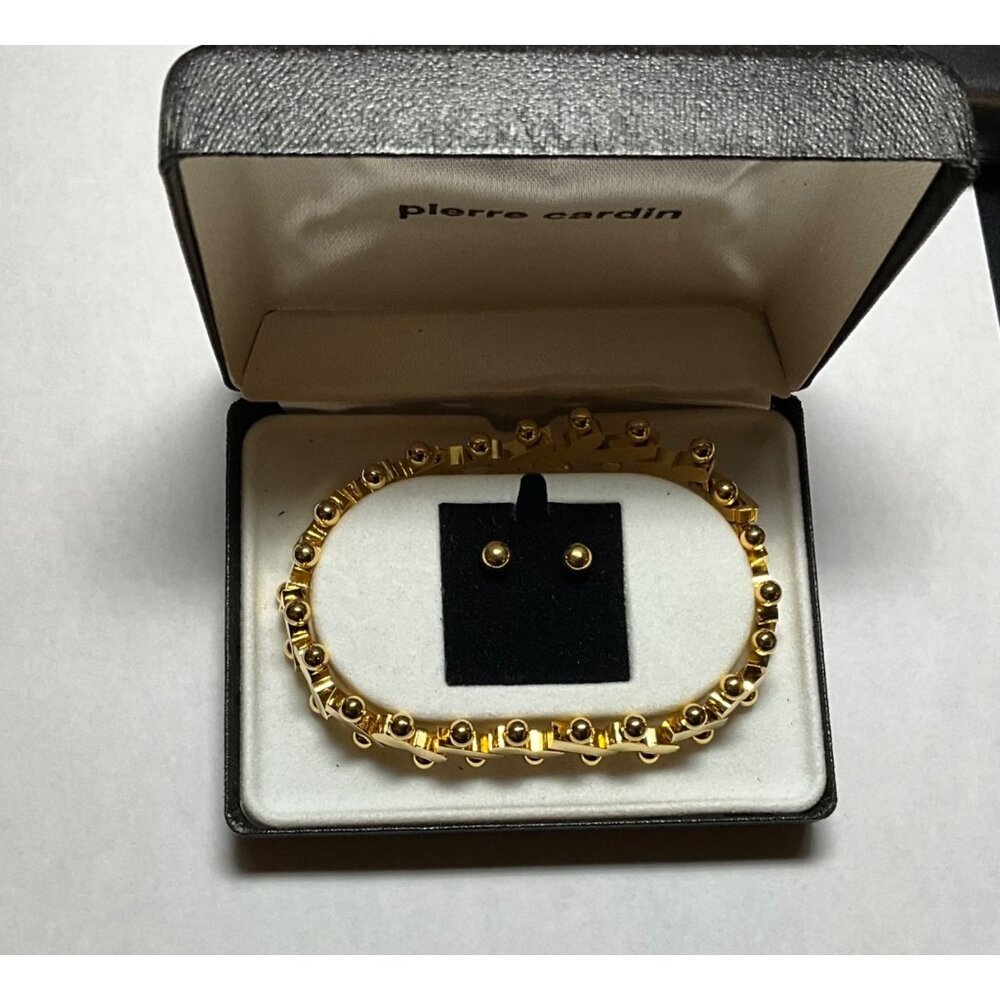 Pierre Cardin Gold Plated  Link Bracelet Earrings Set Modernist Dumbbell
